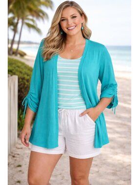 Woman Within Turquoise Blue Cardigan Sweater 5X Scrunch Tie Sleeve Open Front Kn